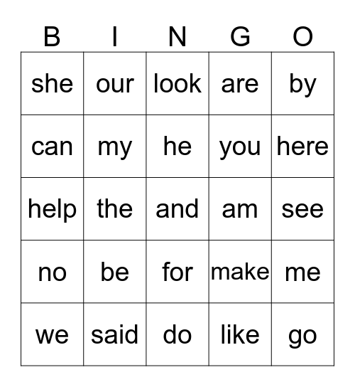 Sight Words Bingo Card