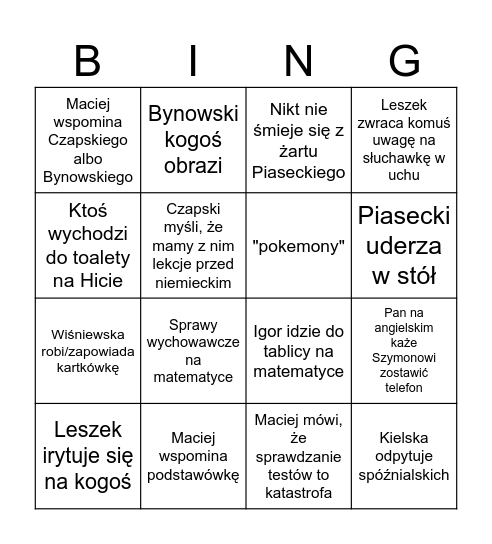 Wtorek Ani Bingo Card