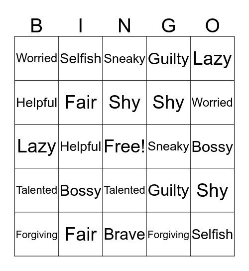 Character Traits Bingo Card