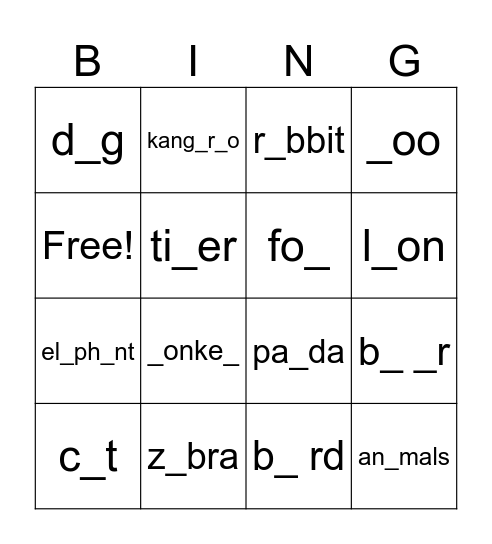 Zoo animals Bingo Card