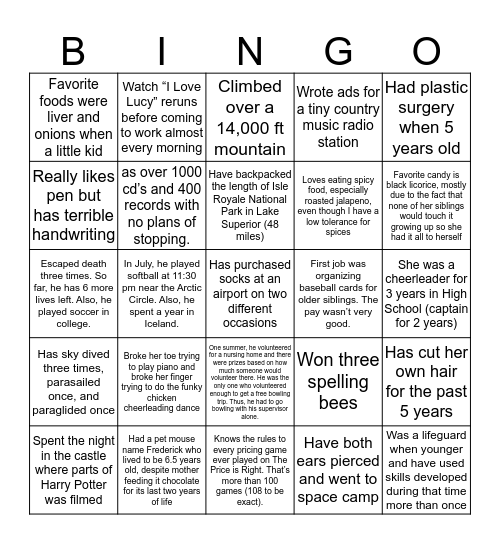 Fun Fact Bingo Card