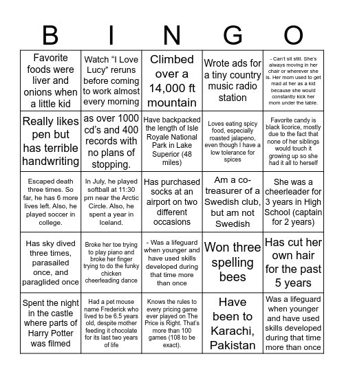 Fun Fact Bingo Card