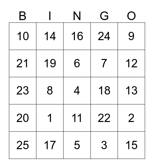 Nutrition Bingo Card