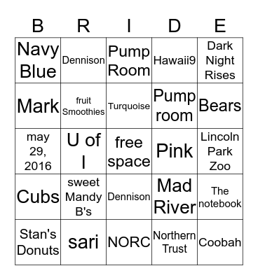 Sari shower Bingo Card