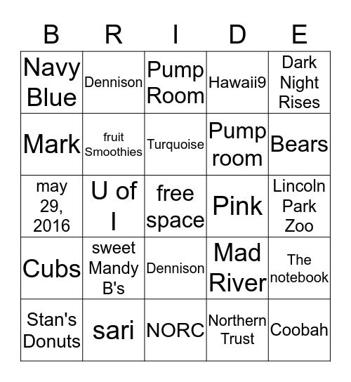 Sari shower Bingo Card