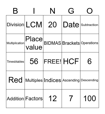 Positive integers  Bingo Card