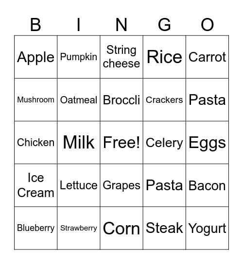 Nutrition Bingo Card