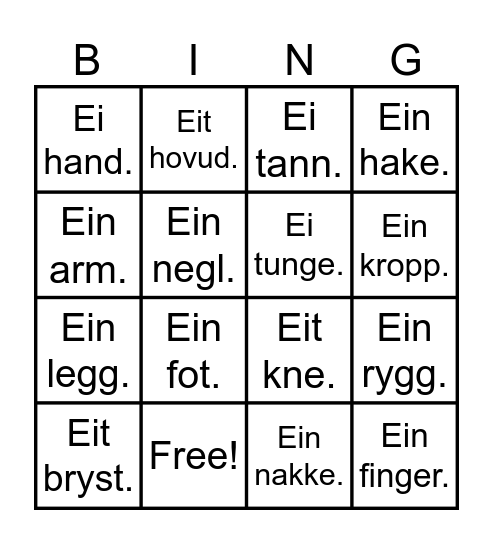 Kroppsdelar Bingo Card