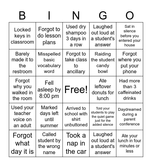 Tired Teacher Bingo Card