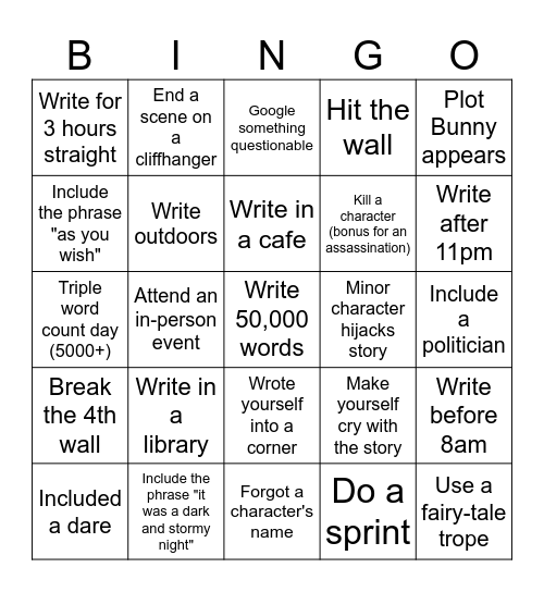 NaNoWriMo Bingo Card
