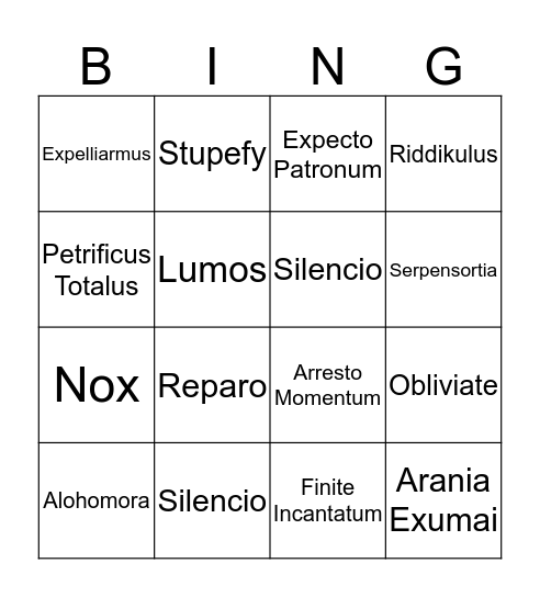 Spell Bingo Card