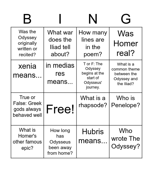 The Odyssey Background Knowledge Bingo Card