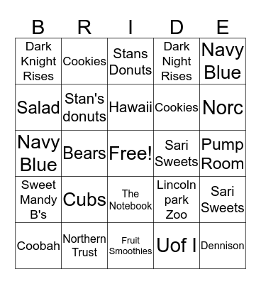 Sari Shower Bingo Card