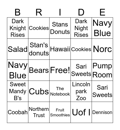 Sari Shower Bingo Card