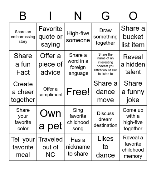 All About Me! Bingo Card