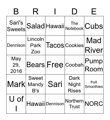 Sari Shower Bingo Card