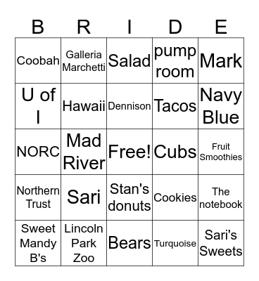 Sari Shower Bingo Card