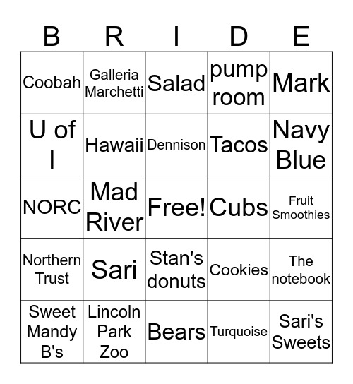 Sari Shower Bingo Card