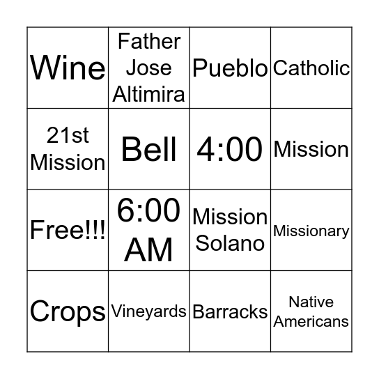 Solano Mission Bingo Card