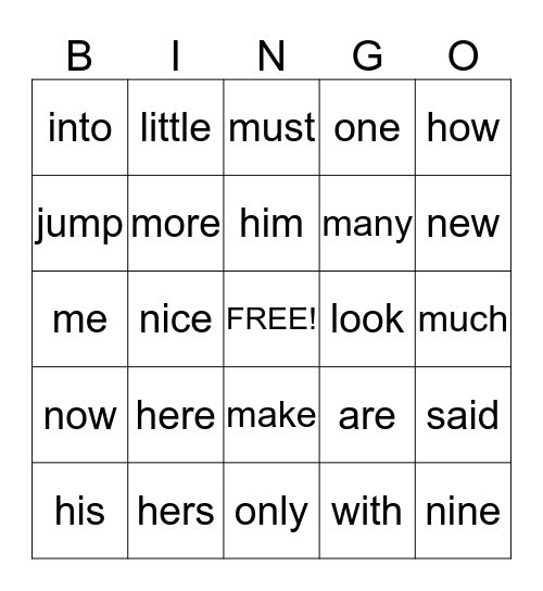 Sight Word Bingo Card
