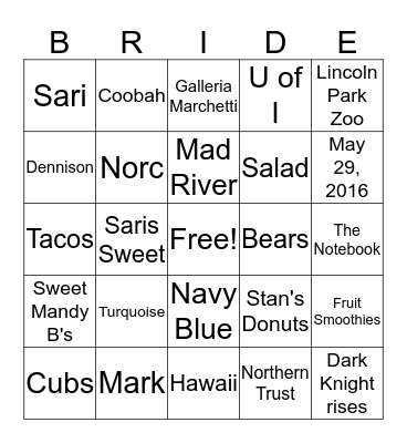 Sari Shower Bingo Card