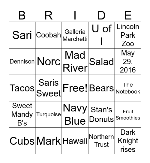 Sari Shower Bingo Card