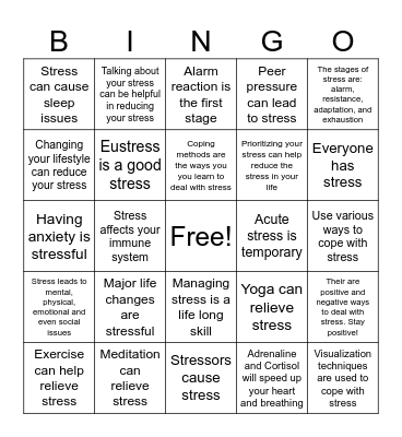 Stress/Relief  Bingo Card