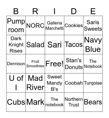 Sari Shower Bingo Card