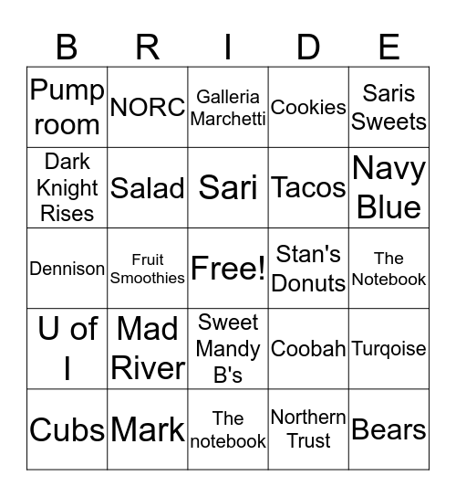 Sari Shower Bingo Card