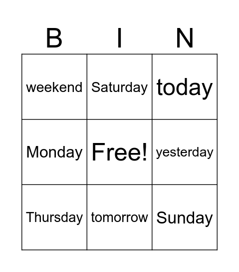 Days of the week Bingo Card