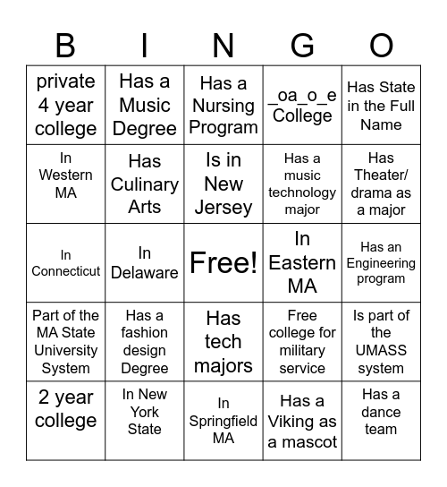 college fair bingo card Bingo Card