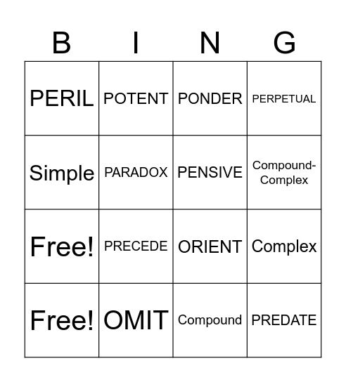 Vocabulary 9 and Sentence Types Bingo Card