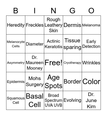 Skin Cancer Bingo Card