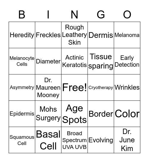 Skin Cancer Bingo Card