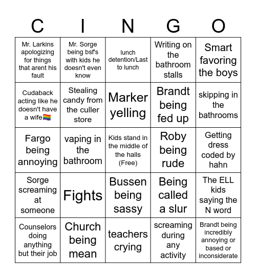 Culler Cingo (7th grade) Bingo Card