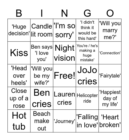 Bachelor Ben Bingo!! Bingo Card