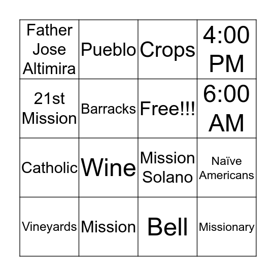 Solano Mission Bingo Card