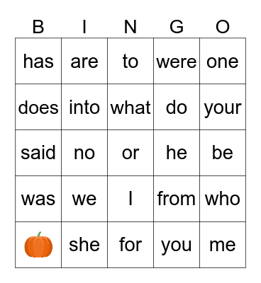 Heart Words Bingo Card