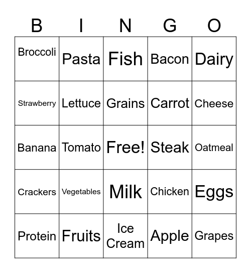 Nutrition Bingo Card