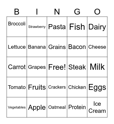 Nutrition Bingo Card