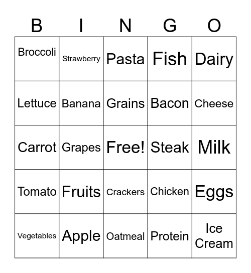 Nutrition Bingo Card