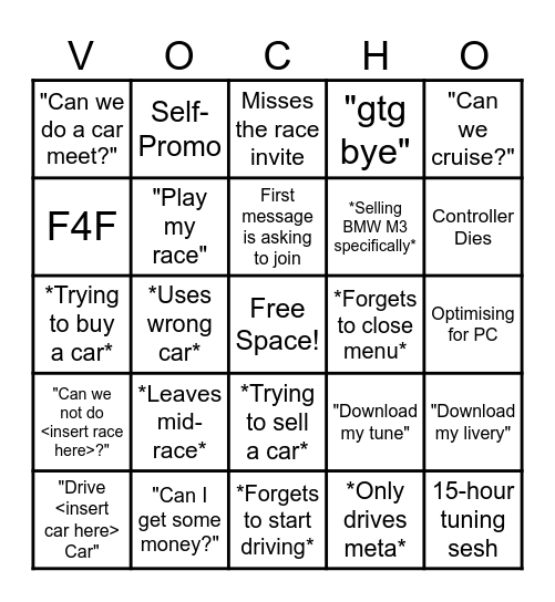 FH5 Twitch "Vocho" Bingo Card