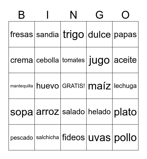 comida Bingo Card