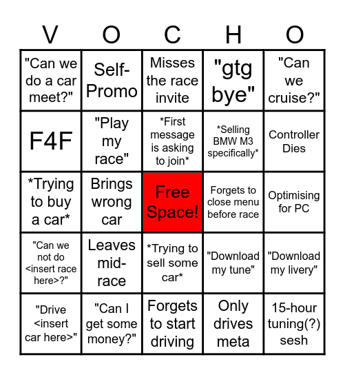 FH5 Twitch "Vocho" Bingo Card