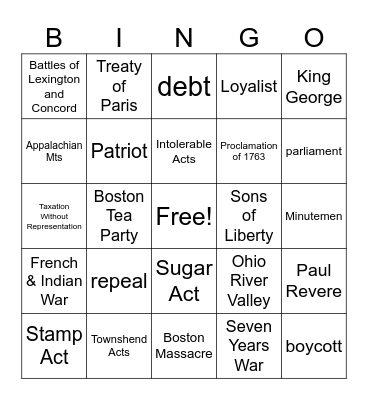 Unit 2 Road to Revolution Bingo Card