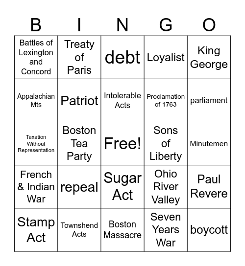 Unit 2 Road to Revolution Bingo Card