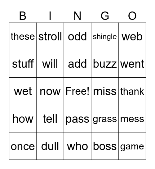 Review- Spelling,Power words, Double final consonant Bingo Card