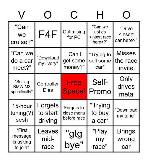 FH5 Twitch "Vocho" Bingo Card