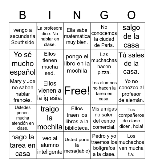 Some -er and -ir Irregular Yo forms Bingo Card