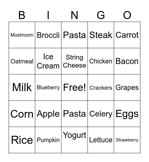 Nutrition Bingo Card